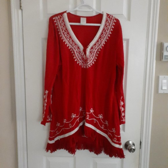 Red Embroidered Asymmetrical Long Sleeve Tunic - Picture 1 of 14